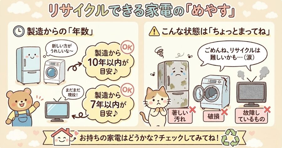 冷蔵庫・洗濯機: 一般的に「製造から10年以内」が目安
テレビ: 「製造から7年以内」が目安
状態が悪いもの: 著しい汚れ、破損、故障しているもの
インフォグラフィック