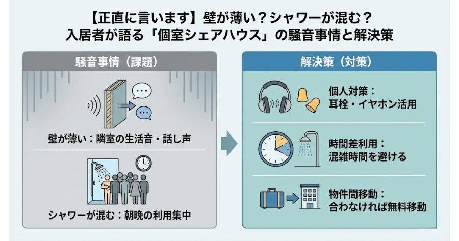 【正直に言います】壁が薄い?シャワーが混む?入居者が語る「個室シェアハウス」の騒音事情と解決策
上記のインフォグラフィック