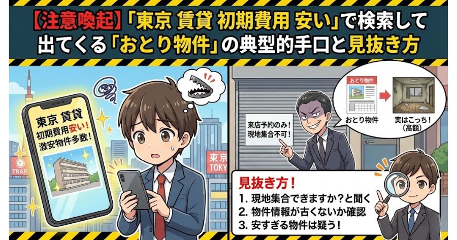 【注意喚起】「東京 賃貸 初期費用 安い」で検索して出てくる「おとり物件」の典型的手口と見抜き方
上記のインフォグラフィック