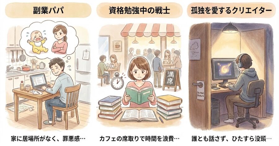 副業パパ: 家に居場所がなく、子供の声や妻の視線に罪悪感を感じている人。 資格勉強中の戦士: 1分1秒を惜しんで勉強したいのに、カフェの席取りで時間を浪費している人。 孤独を愛するクリエイター: 誰とも話さず、挨拶もせず、ただひたすらPC画面と向き合いたい人
インフォグラフィック