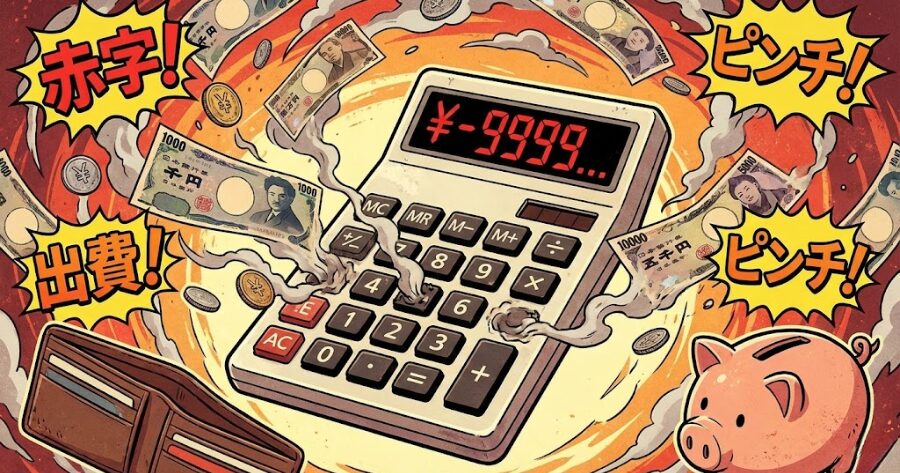 「電卓」や「お金が消えていく」イメージ画像