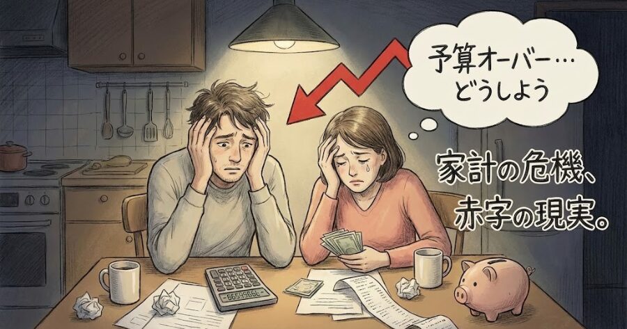 頭を抱えて電卓を叩く夫婦のイラスト(悩み・予算オーバー)
上記についてイラスト画像