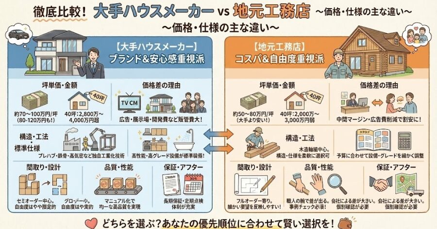 価格・仕様の主な違い
項目大手ハウスメーカー地元工務店坪の目安約70〜100万円(有名大手は80〜120万円クラスも)
約50〜80万円が一般的で、大手より20〜50万円/坪安い傾向。
金額イメージ(40坪)2,800万〜4,000万円超。仕様・メーカー次第で4,000万円台もございます。
2,000万〜3,000万円弱が多く、同規模で500万〜1,000万円以上の差が出る事例あり。
価格差の理由広告費・展示場維持費・営業人員費・研究開発費・ブランド料などの販管費が大きい。
中間マージンや広告費が少なく、同等仕様なら割安になりやすい。
構造・工法プレハブ・鉄骨・高気密・高断熱など、独自工法・工業化率が高い傾向。
木造来工法中心で、構造や仕様を柔軟に選びやすい。
標準仕様のグレード断熱性能・耐震性能・グレード設備が高く揃えられていることが多い。
標準仕様の幅が広く、設備メーカー・グレードを予算に合わせて細かく調整しやすい。
間取り・設計の自由度事前にご用意されたプランをベースにしたセミオーダーが中心で、自由度はやや限定的です。
フルオーダー寄りで、細かい要望を反映しやすく自由度が高い。
品質・性能のばらつきマニュアル化と工業化で、一定以上の品質を出しやすい一方、仕様は画一的になりがち。
職人や会社によって品質の差が出やすく、事例チェックや評判確認が重要です。
保証・アフター長期保証・定期点検などの体制が整っていることが多い。
保証内容は会社ごとに大きく、10年+独自延長など個別確認が必要です。
上記の価格・仕様の主な違い表をイラスト付き表