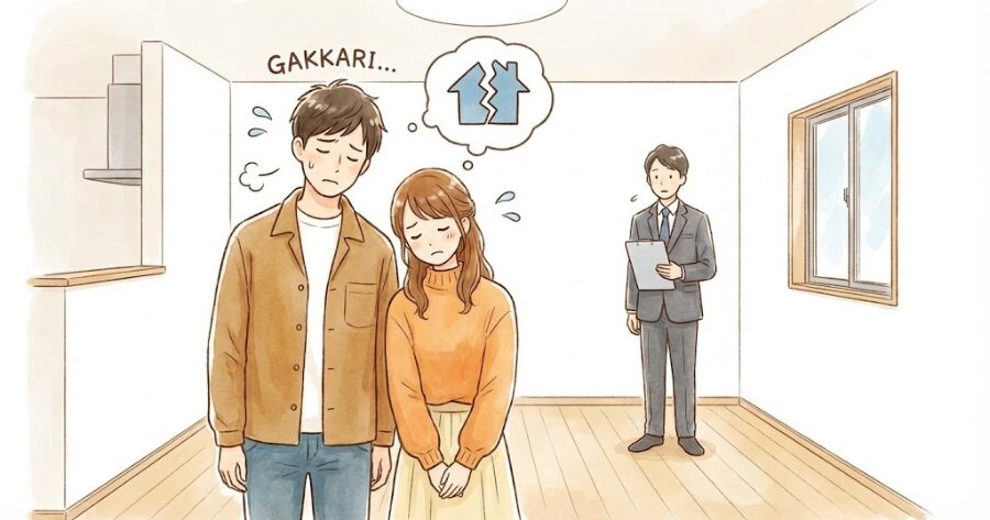 建売住宅の内見でガッカリしている夫婦のイラスト