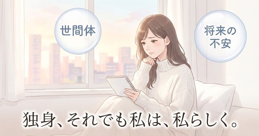 悩む独身者のイラストと、背景に「世間体」「将来の不安」の文字