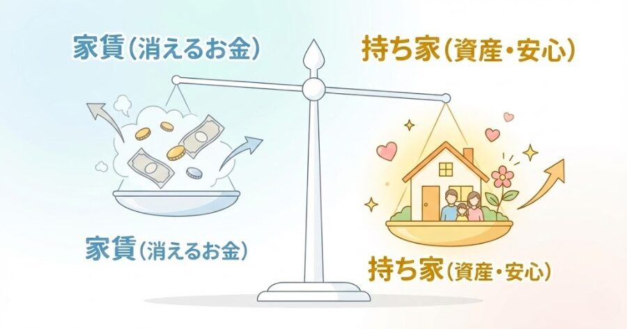 天秤のイラスト。左皿に「家賃（消えるお金）」、右皿に「持ち家（資産・安心）」