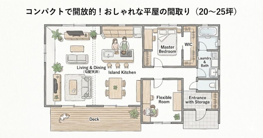 20坪〜25坪程度のコンパクトでオシャレな平屋の間取り図イラスト