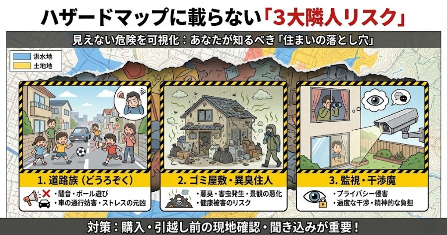 ハザードマップに載らない「3大隣人リスク」 1. 道路族(どうろぞく) 2. ゴミ屋敷・異臭住人 3. 監視・干渉魔