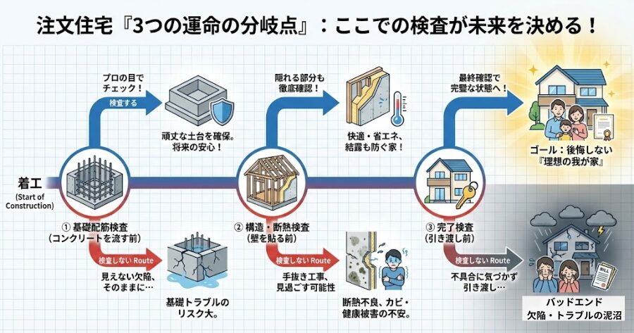 検査を入れるべき「3つの運命の分岐点」
① 基礎配筋検査(コンクリートを流す前)
② 構造・断熱検査(壁を貼る前)
③ 完了検査(引き渡し前)
