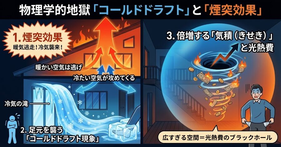 物理学的地獄「コールドドラフト」と「煙突効果」
1. 暖かい空気は逃げ、冷たい空気が攻めてくる「煙突効果」
2. 足元を襲う「コールドドラフト現象」
3. 倍増する「気積（きせき）」と光熱費
