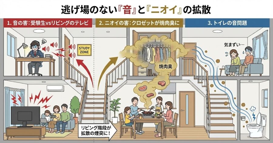 逃げ場のない「音」と「ニオイ」の拡散
1. 音の害：受験生vsリビングのテレビ
2. ニオイの害：クロゼットが焼肉臭に
3. トイレの音問題