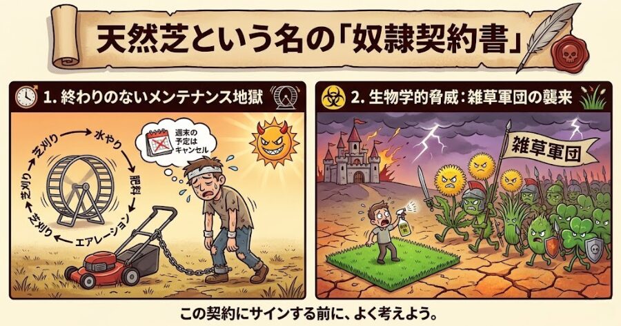 天然芝という名の「奴隷契約書」 1. 終わりのないメンテナンス地獄 2. 生物学的脅威:雑草軍団の襲来
