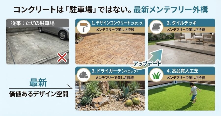 コンクリートは「駐車場」ではない。最新メンテフリー外構
1. デザインコンクリート(スタンプコンクリート)
2. タイルデッキ
3. ドライガーデン(ロックガーデン)
4. 高品質人工芝