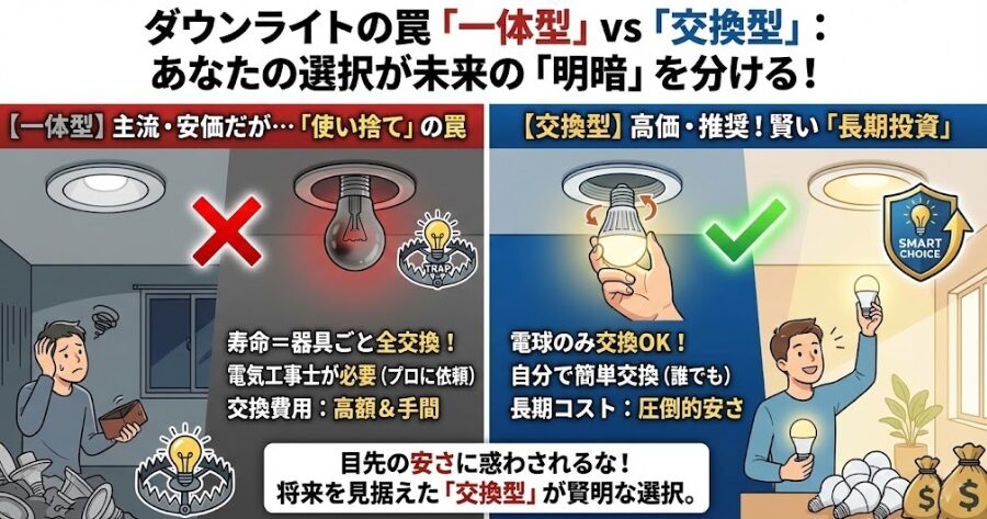 ダウンライトの罠「一体型」vs「交換型」 一体型ダウンライト(主流・安価) 交換型ダウンライト(高価・推奨)