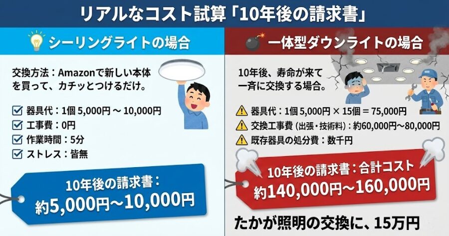 シーリングライトの場合
一体型ダウンライトの場合
コスパ比較