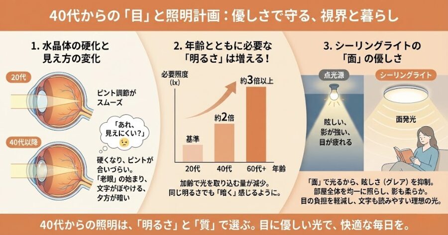 40代からの「目」と照明計画 水晶体の硬化と必要照度 シーリングライトの「面」の優しさ