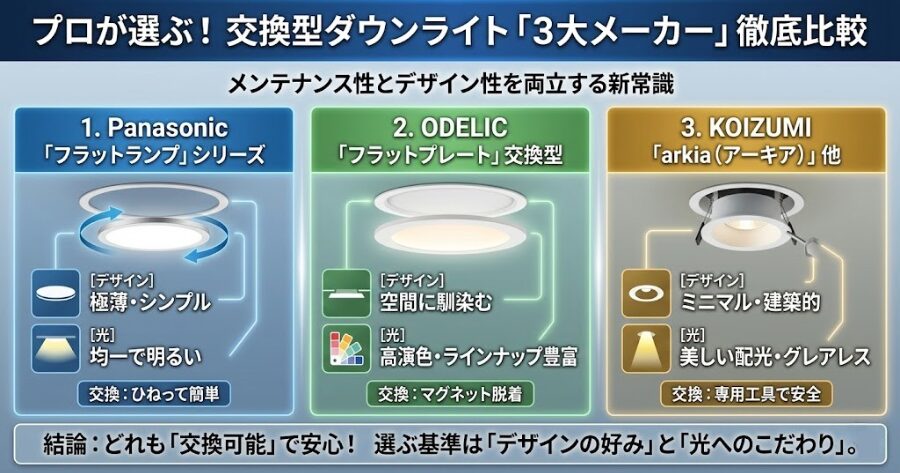 プロが選ぶ! 交換型ダウンライト「3大メーカー」徹底比較 1. Panasonic「フラットランプ」シリーズ 2. ODELIC「フラットプレート」交換型 3. KOIZUMI「arkia(アーキア)」他 上記についてで読者の心を鷲摑みするよ