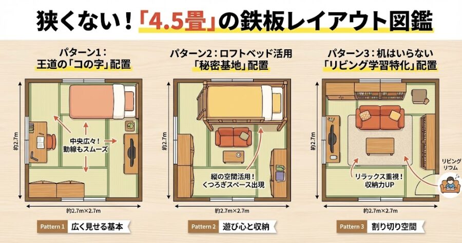 4.5畳の部屋を真上から見た平面図イラスト。パターン1,2,3それぞれの家具配置を示す
パターン1:王道の「コの字」配置
パターン2:ロフトベッド活用「秘密基地」配置
パターン3:机はいらない「リビング学習特化」配置