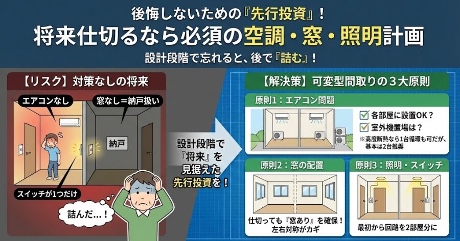 空調・照明・窓の「先行投資」
エアコン問題、窓の配置、照明・スイッチ