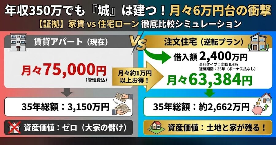 年収350万　月々6万円台
【証拠】家賃 vs 住宅ローン 比較シミュレーション