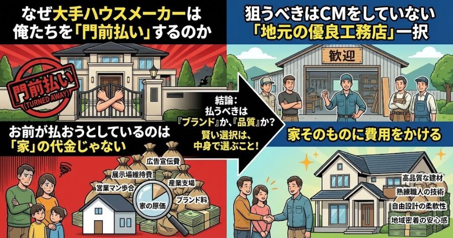 なぜ大手ハウスメーカーは俺たちを「門前払い」するのか
お前が払おうとしているのは「家」の代金じゃない
狙うべきはCMをしていない「地元の優良工務店」一択