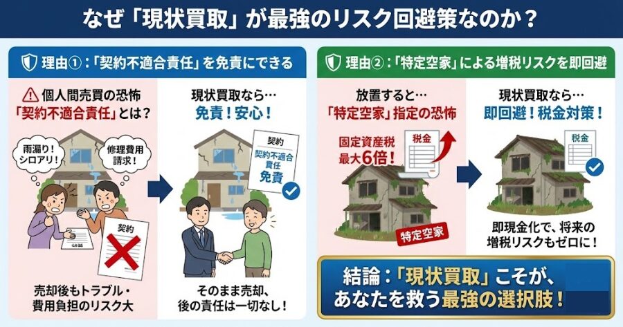 なぜ「現状買取」が最強のリスク回避策なのか？
理由①：「契約不適合責任」を免責にできる
個人間売買の恐怖「契約不適合責任」とは？
理由②：「特定空家」による増税リスクを即回避