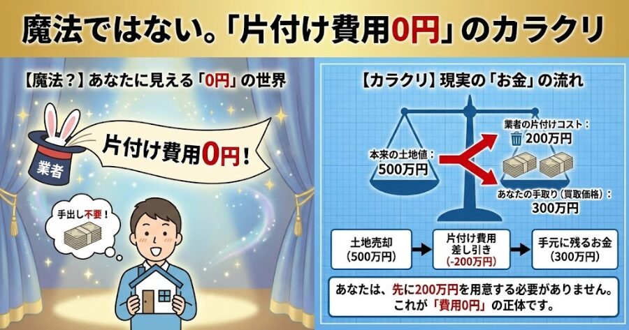 魔法ではない。「片付け費用0円」のカラクリ
本来の土地値： 500万円  業者の片付けコスト： 200万円  あなたの手取り（買取価格）： 300万円
「費用0円」の正体
