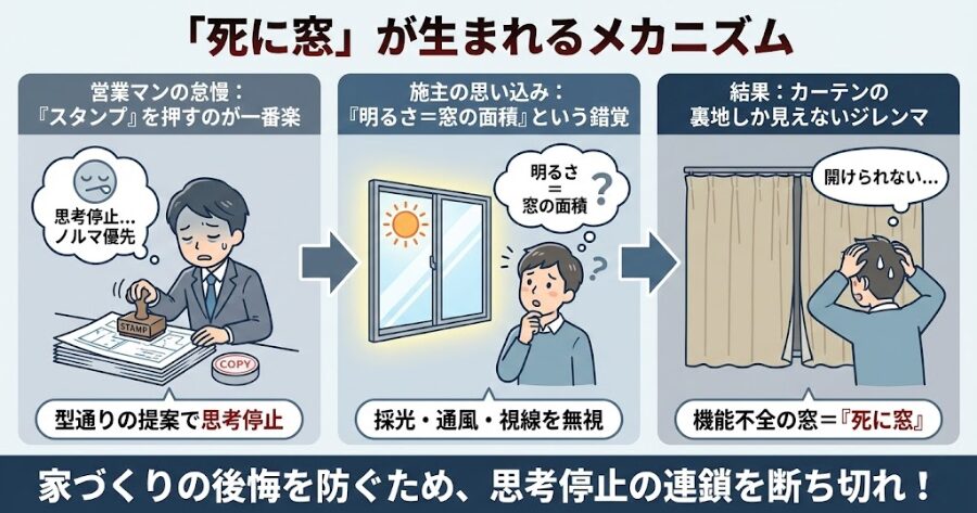 「死に窓」が生まれるメカニズム
営業マンの怠慢:「スタンプ」を押すのが一番楽
施主の思い込み:「明るさ=窓の面積」という錯覚
カーテンの裏地しか見えないジレンマ