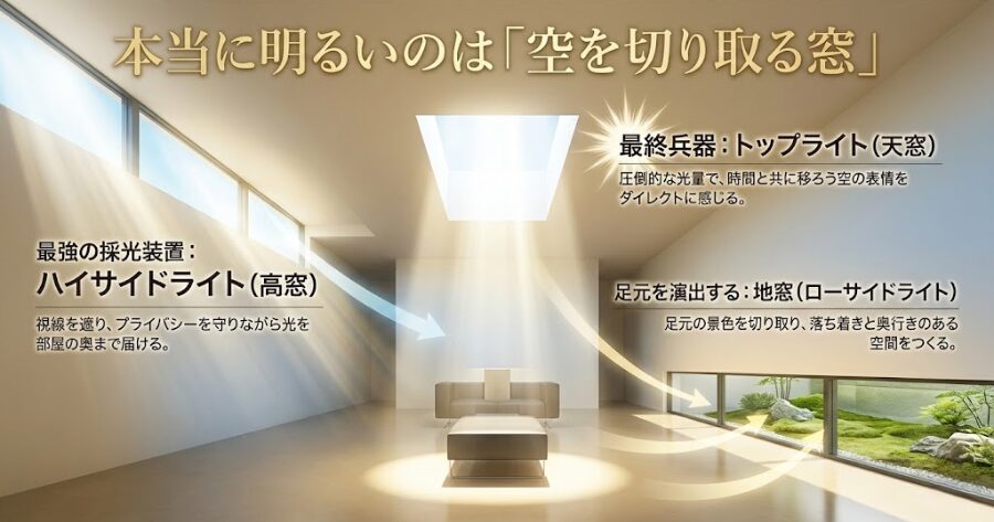 本当に明るいのは「空を切り取る窓」
最強の採光装置:ハイサイドライト(高窓)
足元を演出する:地窓(ローサイドライト)
最終兵器:トップライト(天窓)