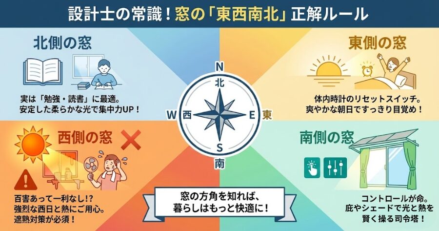 設計士の常識「東西南北」窓の正解ルール
北側の窓:実は「勉強・読書」に最適
東側の窓:体内時計のリセットスイッチ
西側の窓:百害あって一利なし
南側の窓:コントロールが命