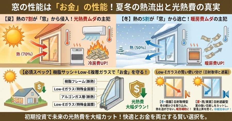 窓の性能と「お金」の話
夏は7割、冬は5割の熱が逃げる
必須スペック:樹脂サッシ+Low-E複層ガラス
Low-Eガラスの使い分け(日射取得と遮蔽)