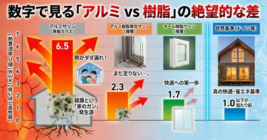 数字で見る「アルミ vs 樹脂」の絶望的な差
サッシ素材別のU値(目安)
アルミサッシ(単板ガラス): 6.5 W/m²K
アルミ樹脂複合サッシ(複層): 2.3 W/m²K
オール樹脂サッシ(複層): 1.7 W/m²K
世界基準(ドイツ等): 1.0 以下が当たり前
結露という「家のガン」