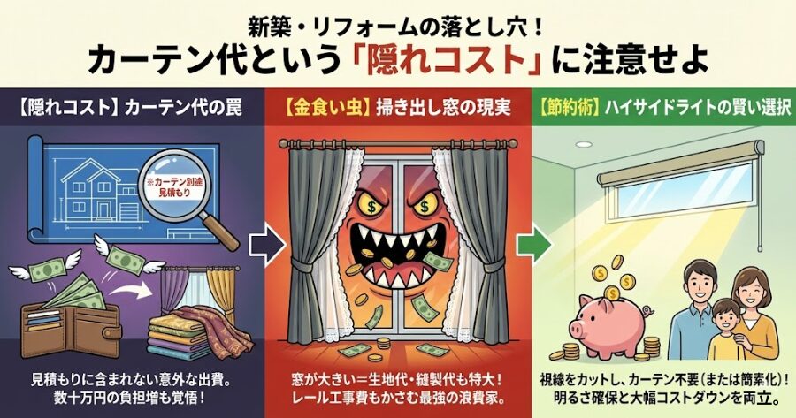 カーテン代という「隠れコスト」
掃き出し窓は金食い虫
ハイサイドライトの節約術