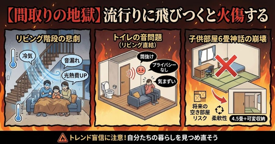 【間取りの地獄】流行りに飛びつくと火傷する
リビング階段の悲劇
トイレの音問題(リビング直結)
子供部屋6畳神話の崩壊