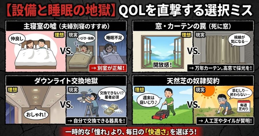 【設備と睡眠の地獄】QOLを直撃する選択ミス
夫婦別寝のすすめ(主寝室の嘘)
窓・カーテンの罠(死に窓)
ダウンライト交換地獄
天然芝の奴隷契約