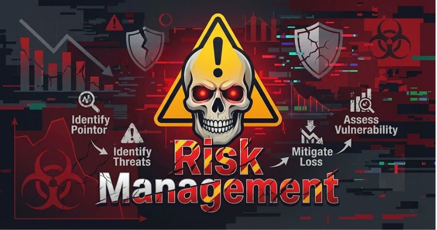 ドクロマークと警告サインのアイコン。「Risk Management」の文字。