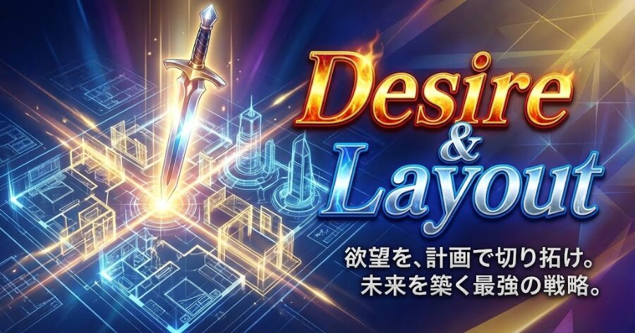 鋭い剣と設計図のアイコン。「Desire & Layout」の文字。
