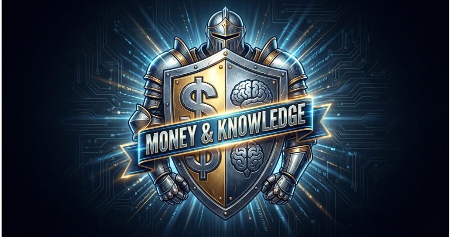 堅牢な盾と鎧のアイコン。「Money & Knowledge」の文字。