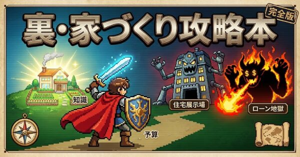 RPGの攻略本のようなデザイン。表紙には「裏・家づくり攻略本」の文字。剣（知識）と盾（予算）を持った主人公が、巨大なボス（住宅展示場やローン地獄）に立ち向かうイラスト。背景には理想の家が輝いている。 Alt属性: "注文住宅 攻略ロードマップ 完全版