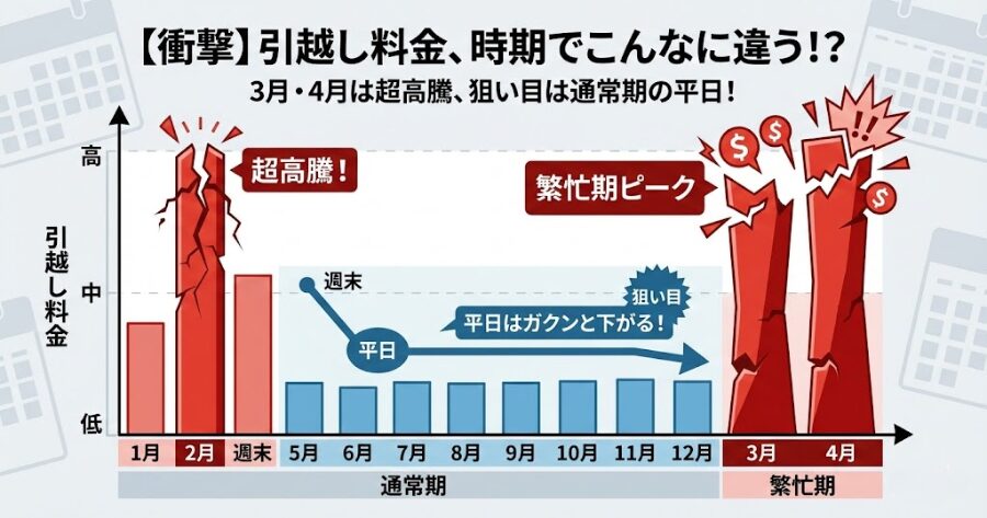 縦軸に「料金」、横軸に「時期(繁忙期・通常期)」をとったグラフ。3月・4月だけ棒グラフが突き抜けて高く、平日はガクンと下がっている様子を表す画像。