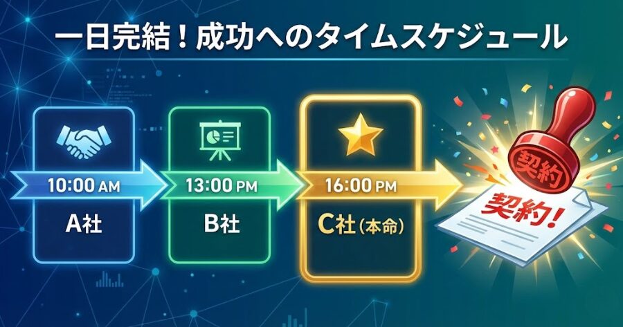 タイムスケジュール表の図解。10:00 A社、13:00 B社、16:00 C社(本命)と並び、最後に「契約!」のハンコが押されているイメージ。