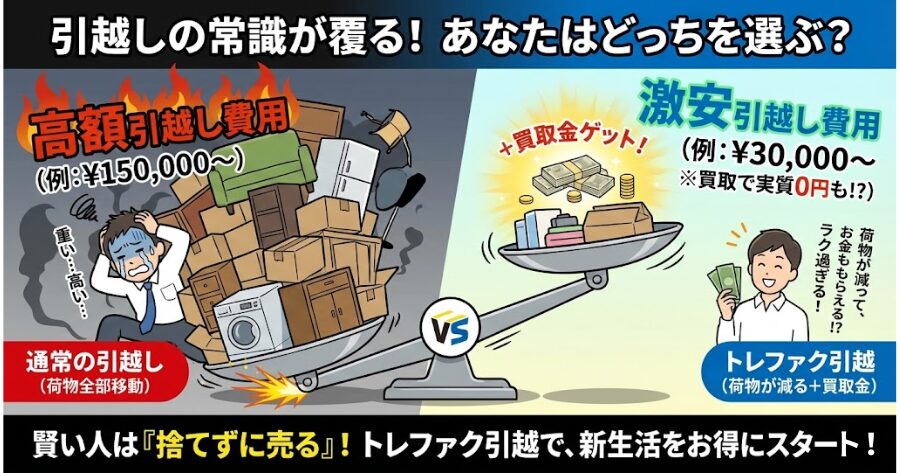 通常の引越し（荷物全部移動＝高額）と、トレファク引越（荷物が減る＋買取金＝激安）を比較した天秤のイラスト。