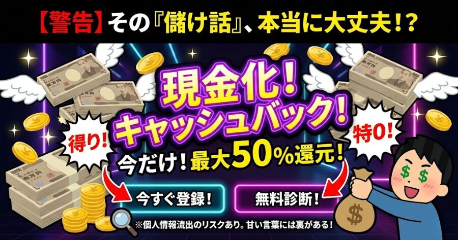 札束や「キャッシュバック」の文字が踊る、いかにも怪しい広告のイメージ