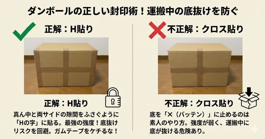 「H貼り（正解）」と「クロス貼り（不正解）」の比較写真または図解を入れる。