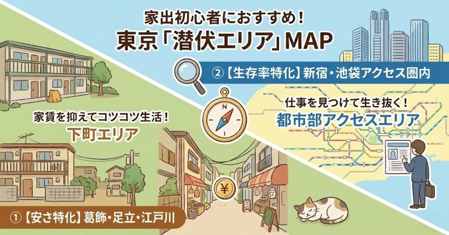 家出初心者におすすめの「潜伏エリア」はここじゃ  ① 【安さ特化】 葛飾区・足立区・江戸川区（家賃重視）  ② 【生存率特化】 新宿・池袋へのアクセス圏内（仕事重視）