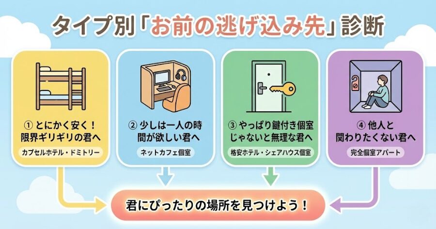 タイプ別「お前の逃げ込み先」診断
① とにかく安く！限界ギリギリの君へ
② 少しは一人の時間が欲しい君へ
③ やっぱり鍵付き個室じゃないと無理な君へ
④ 他人と関わりたくない君へ