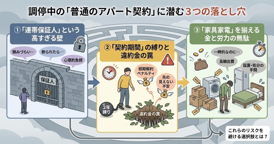 調停中の「普通のアパート契約」は地獄を見るぞ
1. 「連帯保証人」という高すぎる壁
2. 「契約期間」の縛りと違約金の罠
3. 「家具家電」を揃える金と労力の無駄