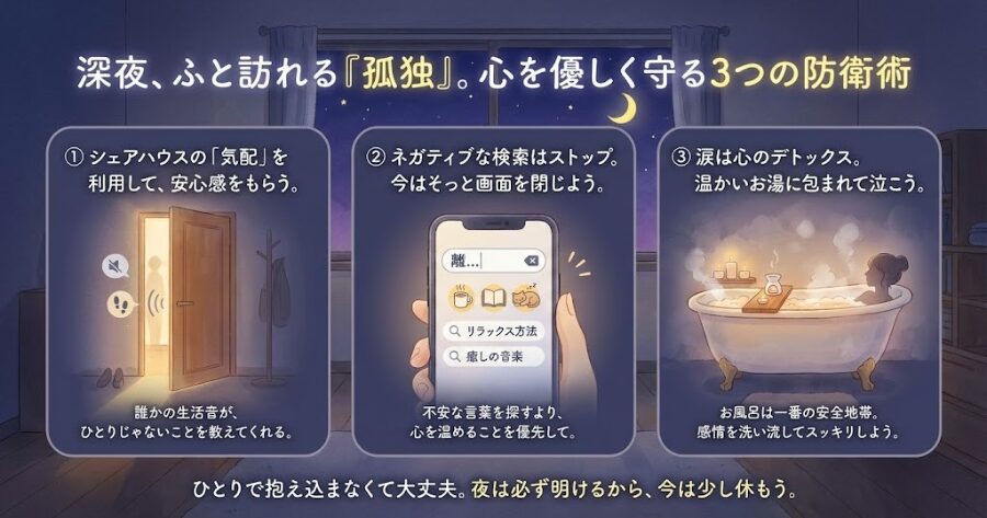 深夜に襲ってくる「孤独」との戦い方  ① シェアハウスの「気配」を利用せぇ  ② 「離婚」の二文字を検索するな  ③ 泣きたいなら、風呂で泣け