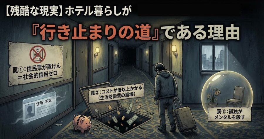 【残酷な現実】ホテル暮らしが「死のロード」である理由  罠①：住民票が置けん＝社会的信用ゼロ  罠②：コストが倍以上かかる（生活防衛費の崩壊）  罠③：孤独がメンタルを殺す