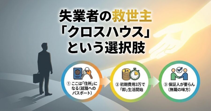 失業者の救世主「クロスハウス」という選択肢
1. ここは「住所」になる（就職へのパスポート）
2. 初期費用3万で「即」生活開始
3. 保証人が要らん（無職の味方）